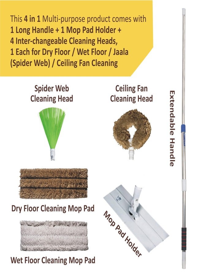 Vimal All-Clean (4 in 1) Multi-Purpose Extendable Handle with 4 Interchangeable Cleaning Heads | 2 Mop Pads for Wet & Dry Floor Cleaning + 2 Broom Heads for Jaala (Spider Web)/Ceiling Fan Cleaning - Image 2